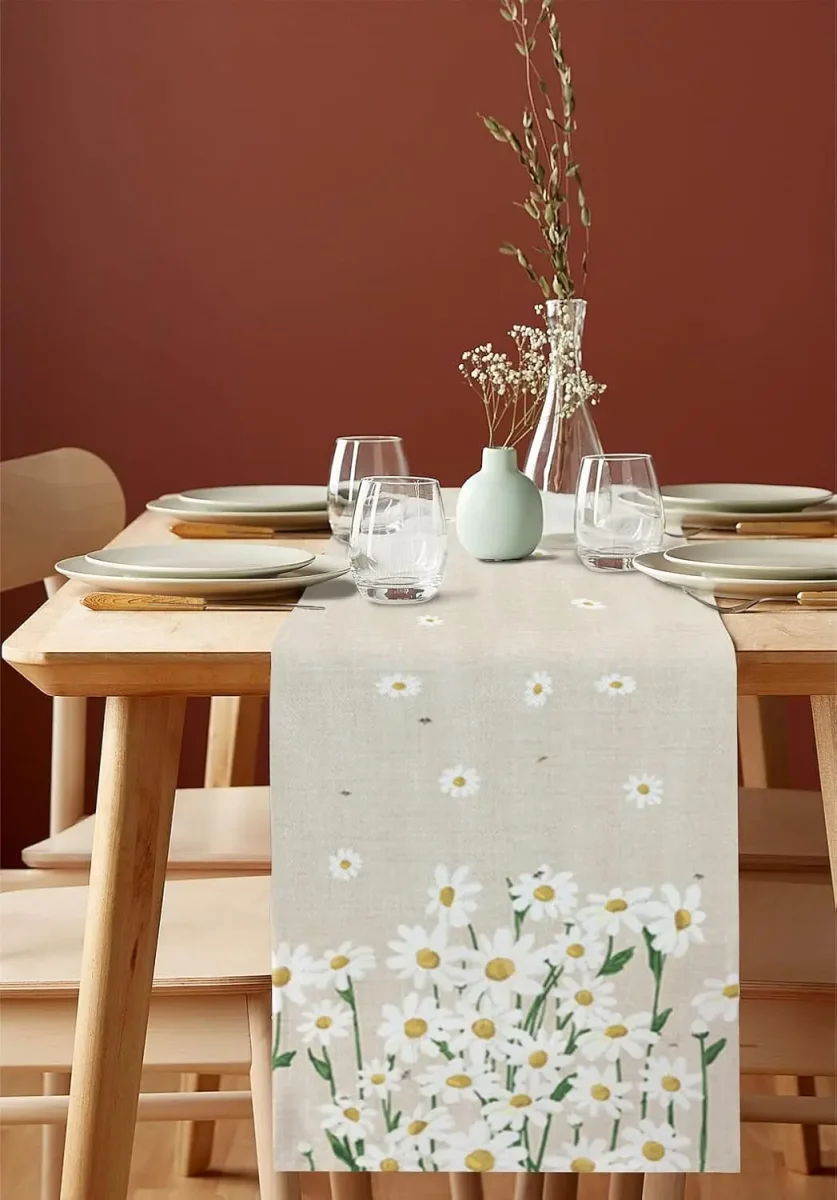 Chemin de table en lin imprimé marguerite blanc floral réutilisable – Image 5