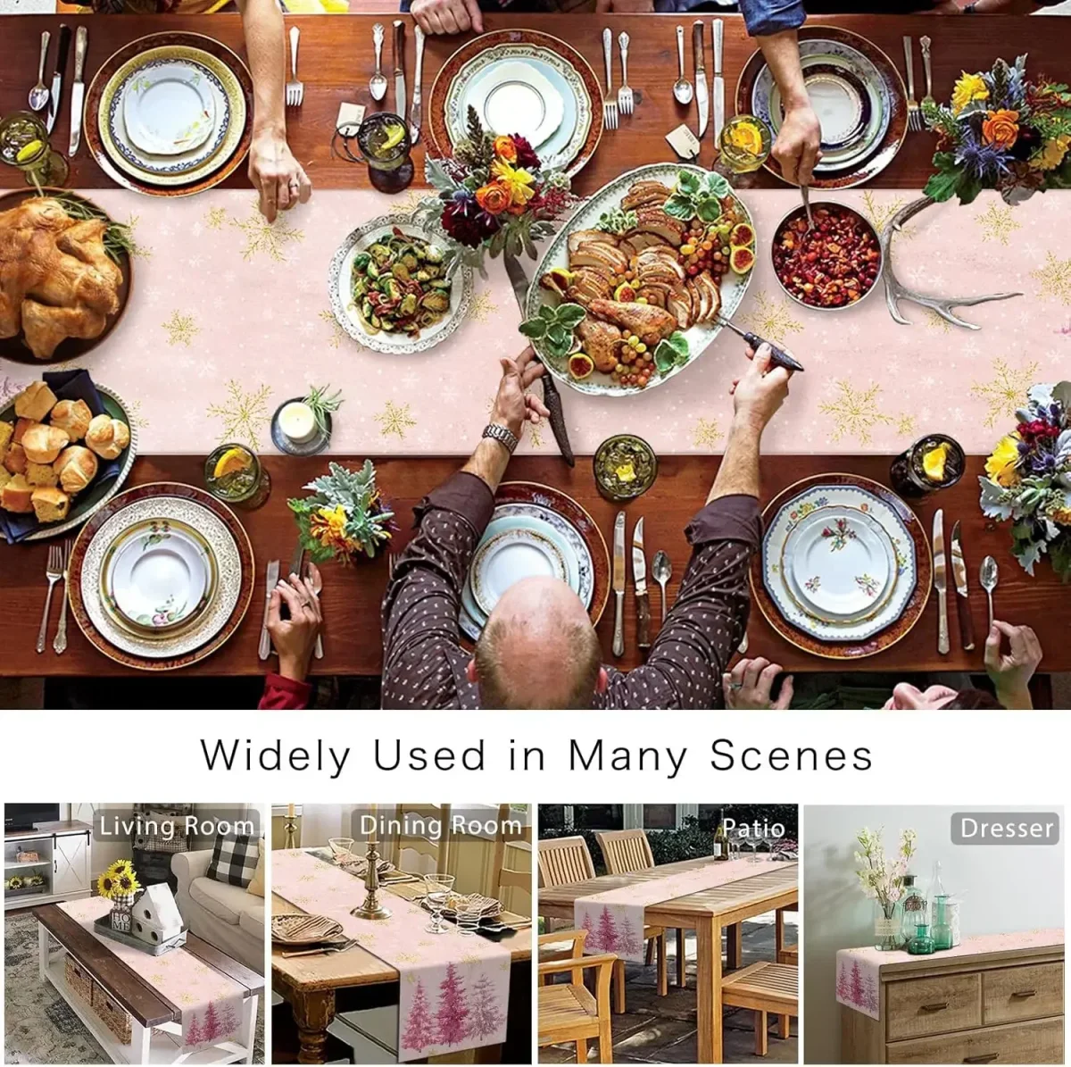 Chemin de table lin Noël imprimé flocons dorés, durable, lavable – Image 6