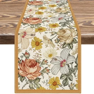Chemin de table lin imprimé Rose Camomille vintage décor.