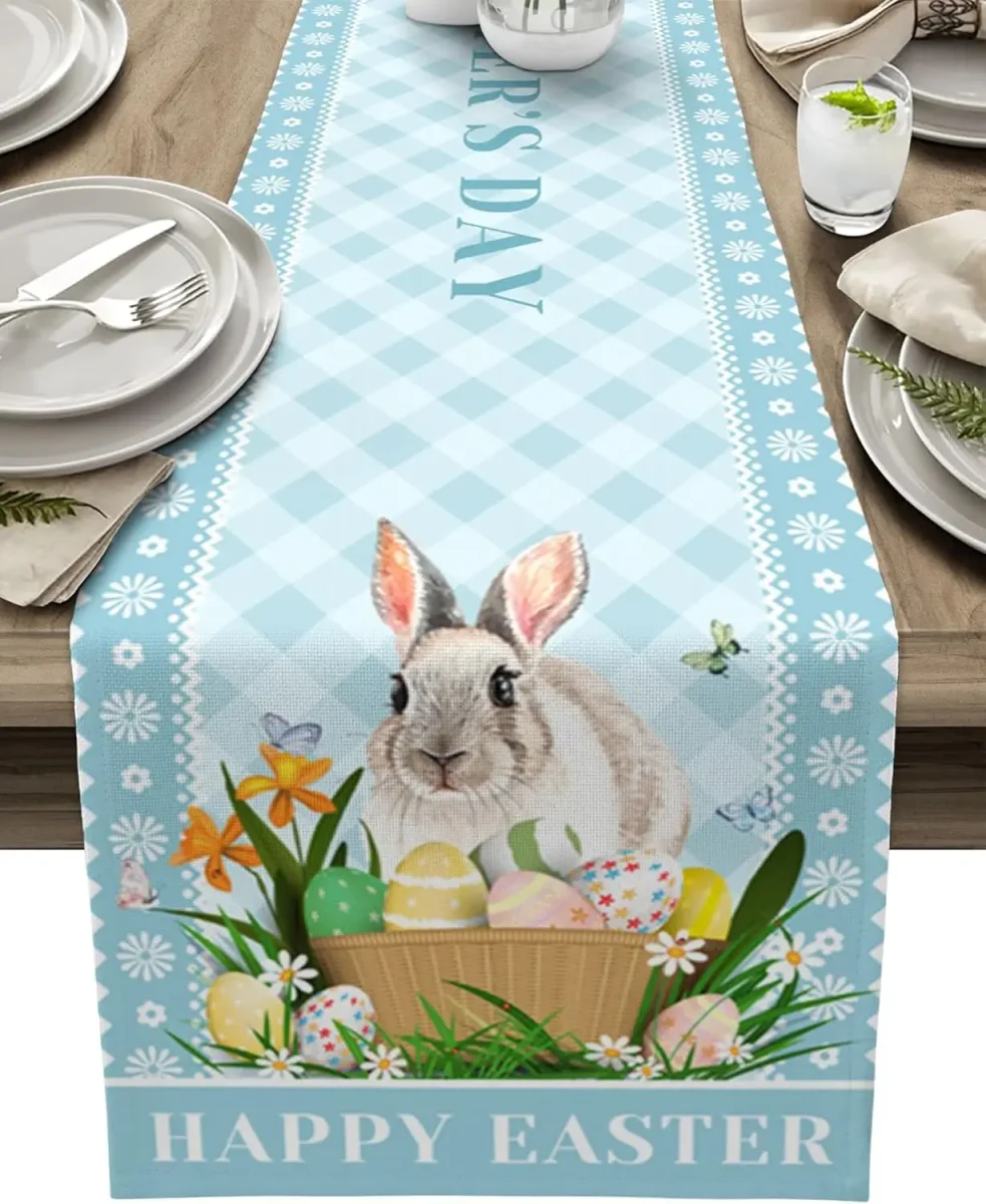 Chemin de table en lin imprimé lapin floral carreaux bleus – Image 2