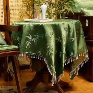 Nappe jacquard polyester verte luxueuse pour table – broderie rétro