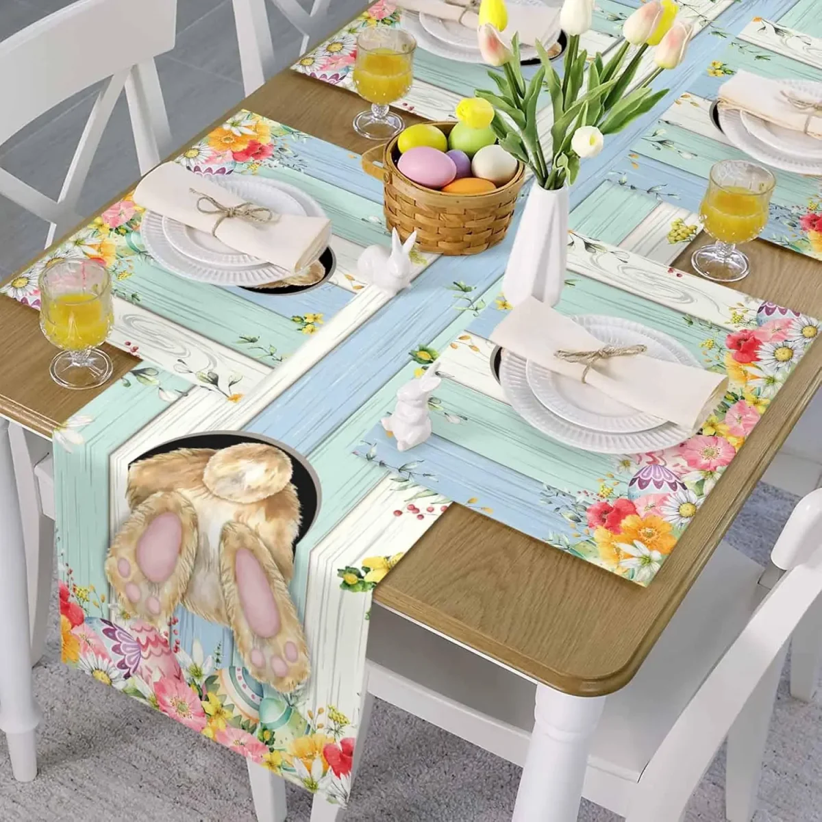 Chemin de table lin imprimé Pâques lapin œufs fleurs rustique – Image 5