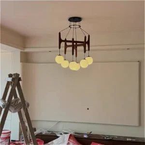 Lustre LED géométrique en bois crème effet bulle pour chambre parentale, décoration minimaliste vintage