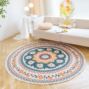 Tapis rond polyester tissé mandala antidérapant bohème 150cm franges déco