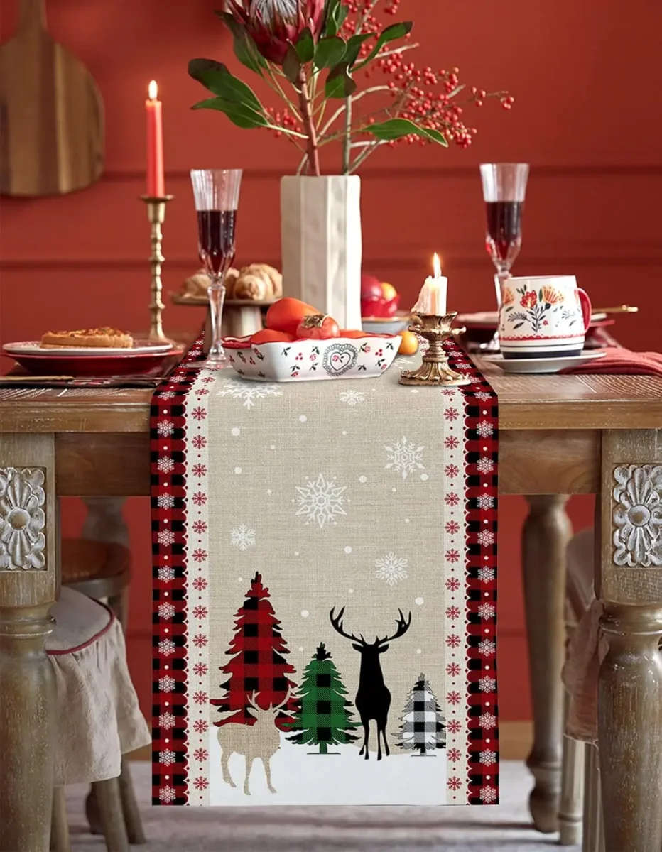 Chemin de table 100% lin écossais rouge et noir Noël – Image 3
