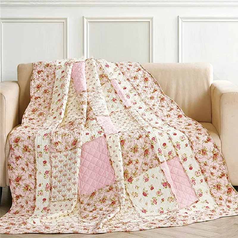 Couvre-lit patchwork réversible en coton floral rose - Jeté de lit Shabby Chic pour chambre – Image 2