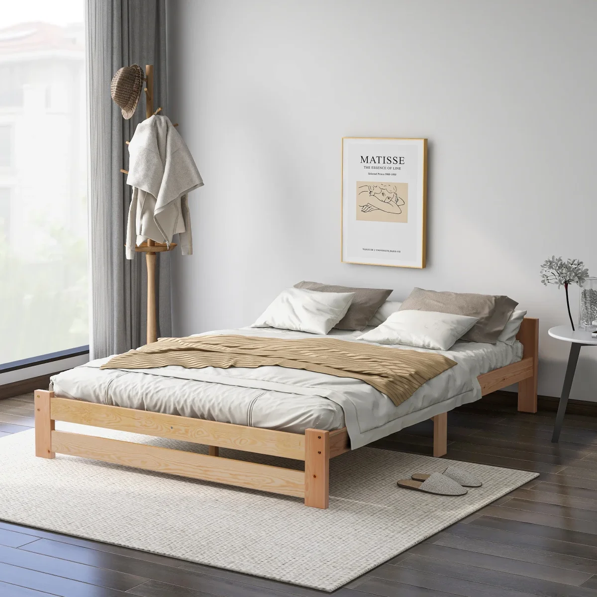 Lit futon en bois massif naturel avec tête de lit et sommier à lattes 140x200cm – Image 3
