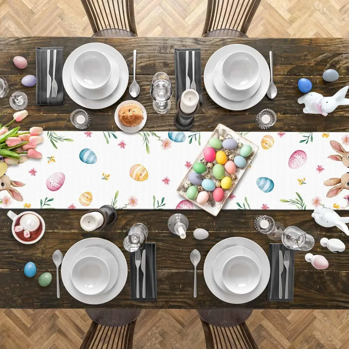 Chemin de table lin imprimé Pâques œufs floraux rustique – Image 7