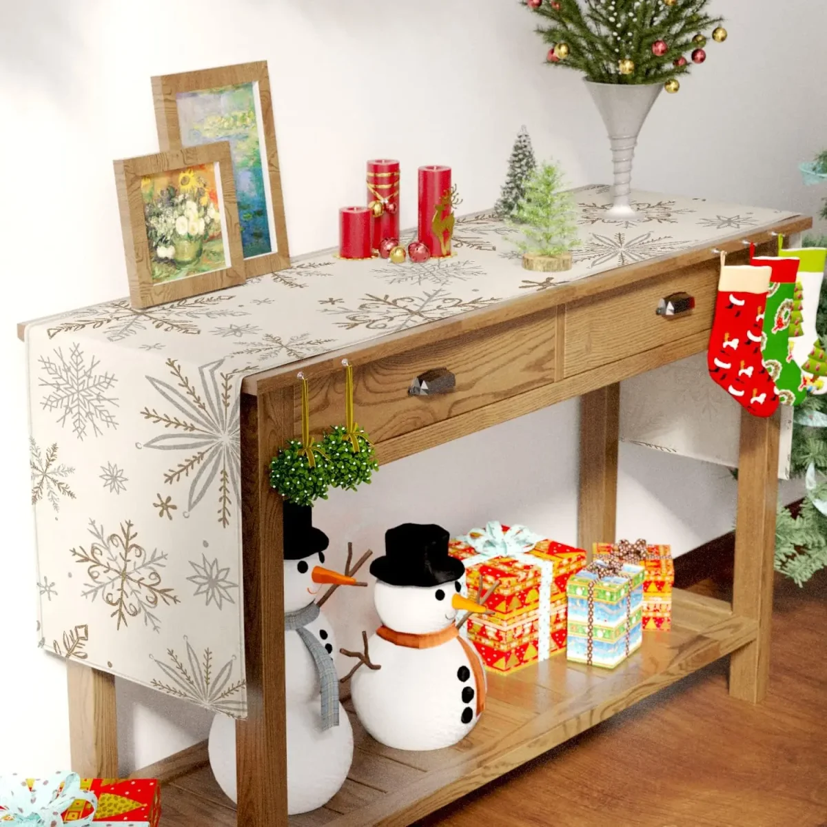 Chemin de table en lin imprimé flocons de neige Noël – Image 7