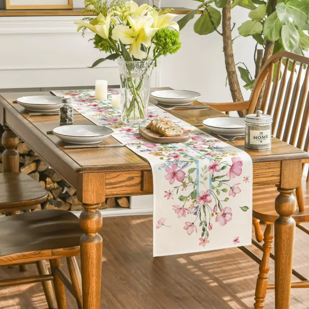 Chemin de table en lin imprimé fleurs aquarelle rose – Image 4