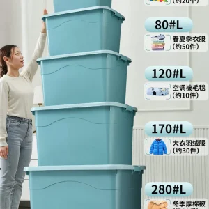 Boîte de rangement plastique avec couvercle et roulettes, 5 couleurs, 30 à 280L pour organisation intérieure