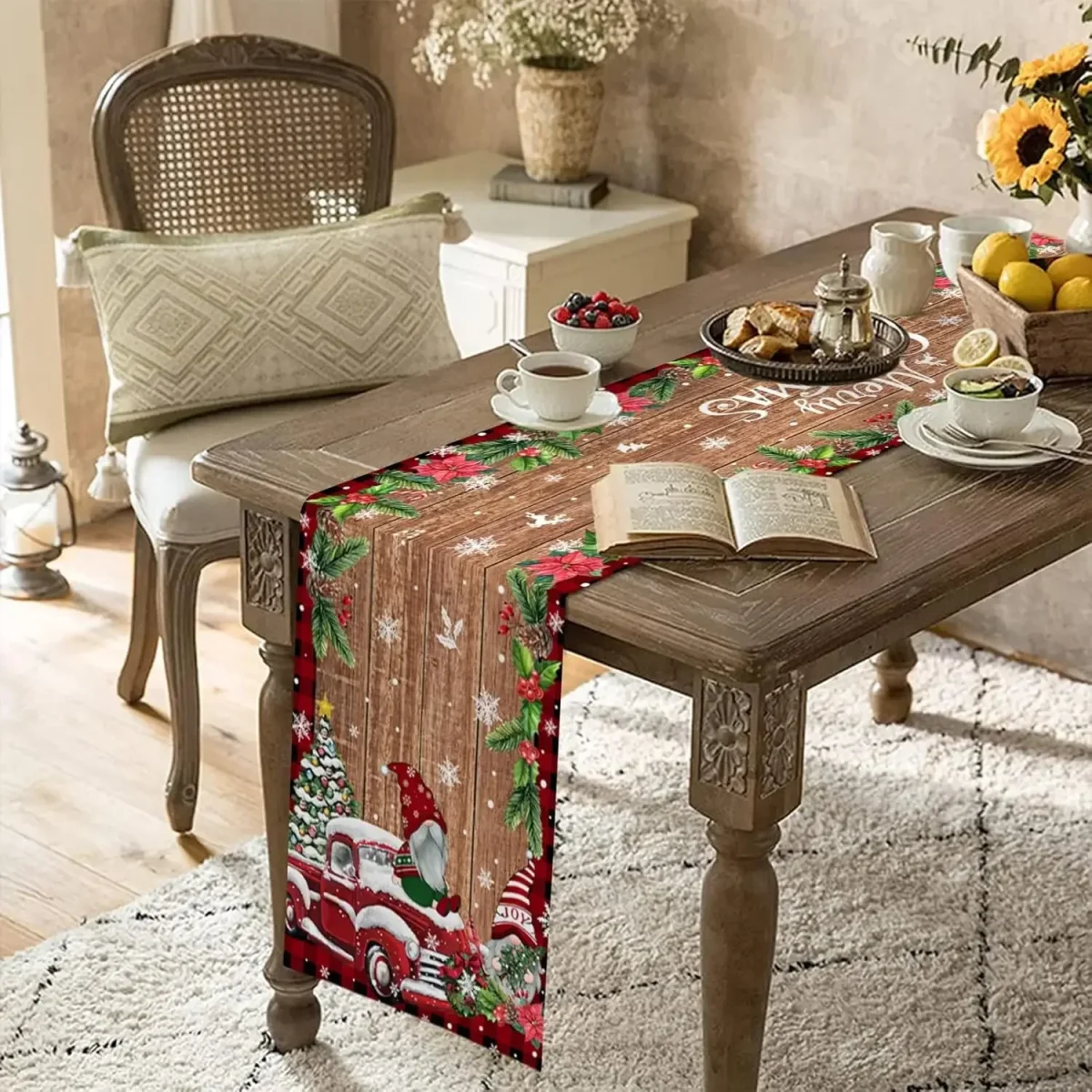 Chemin de table en lin Noël gnomes camion poinsettia rustique – Image 7