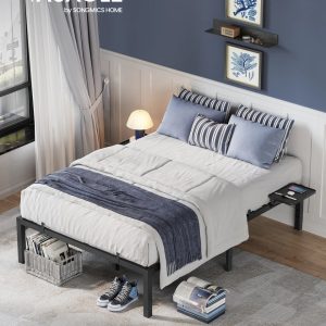 Cadre de lit 140x200 avec tête de lit et étagères de rangement intégrées, noir classique