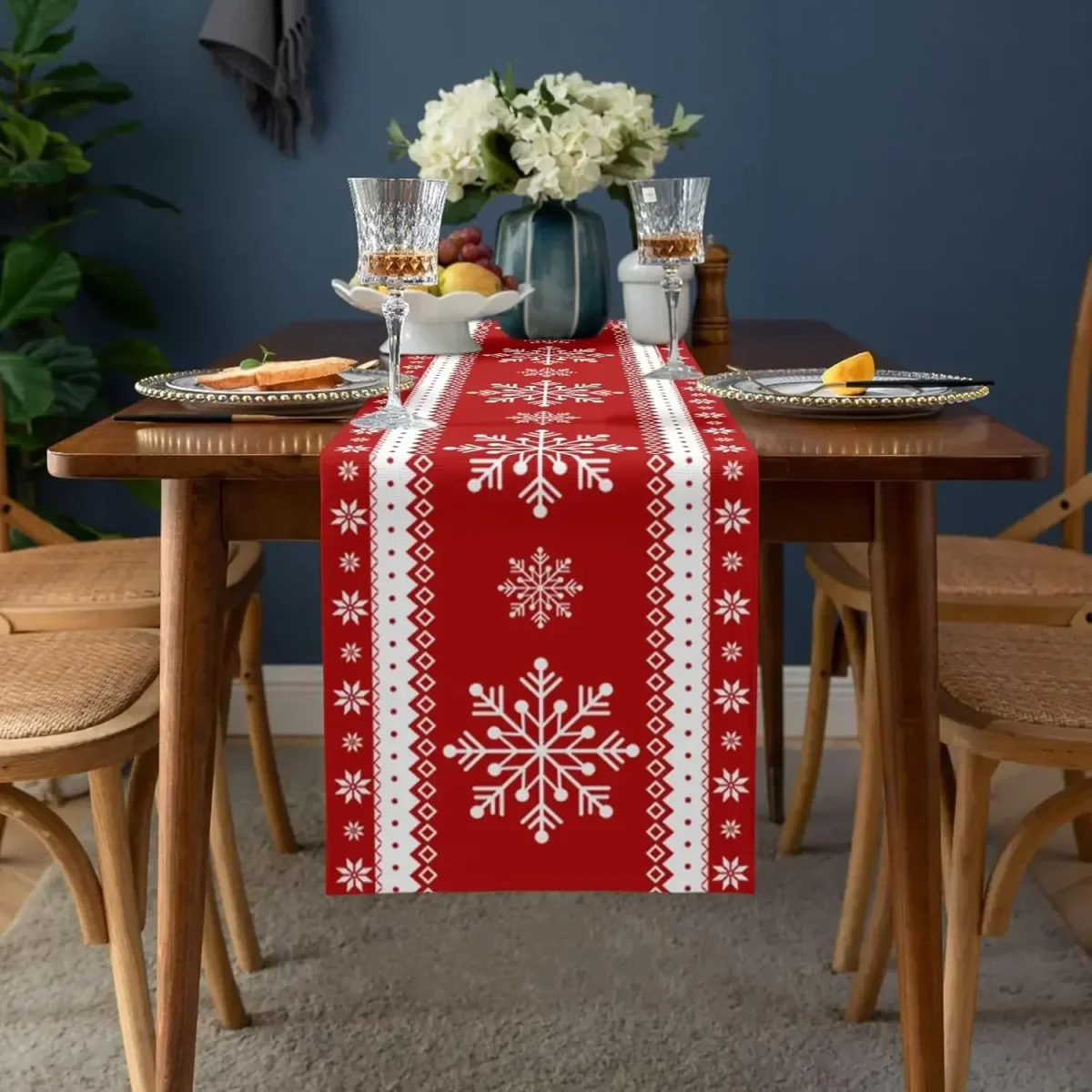 Chemin de table Noël lin imprimé flocon de neige réutilisable – Image 3