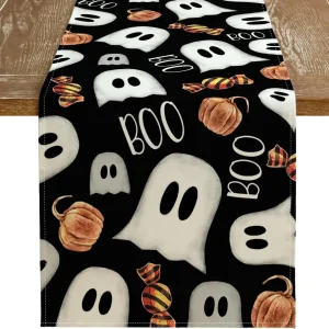 Chemin de table lin imprimé Halloween citrouille, 100% lin lavable