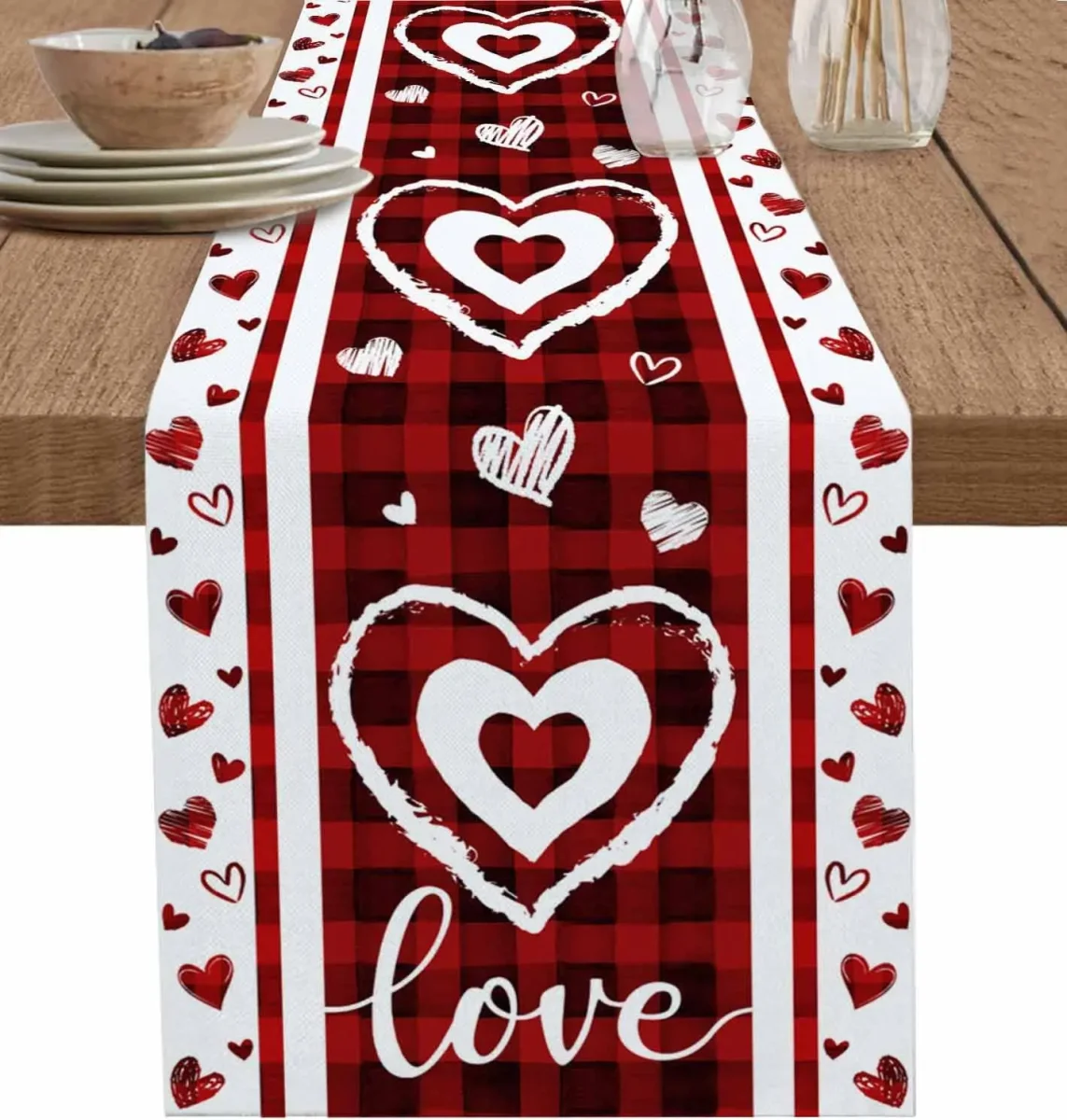 Chemin de Table Lin Cœurs Rouge Blanc Carreaux Saint-Valentin Décoration Festive