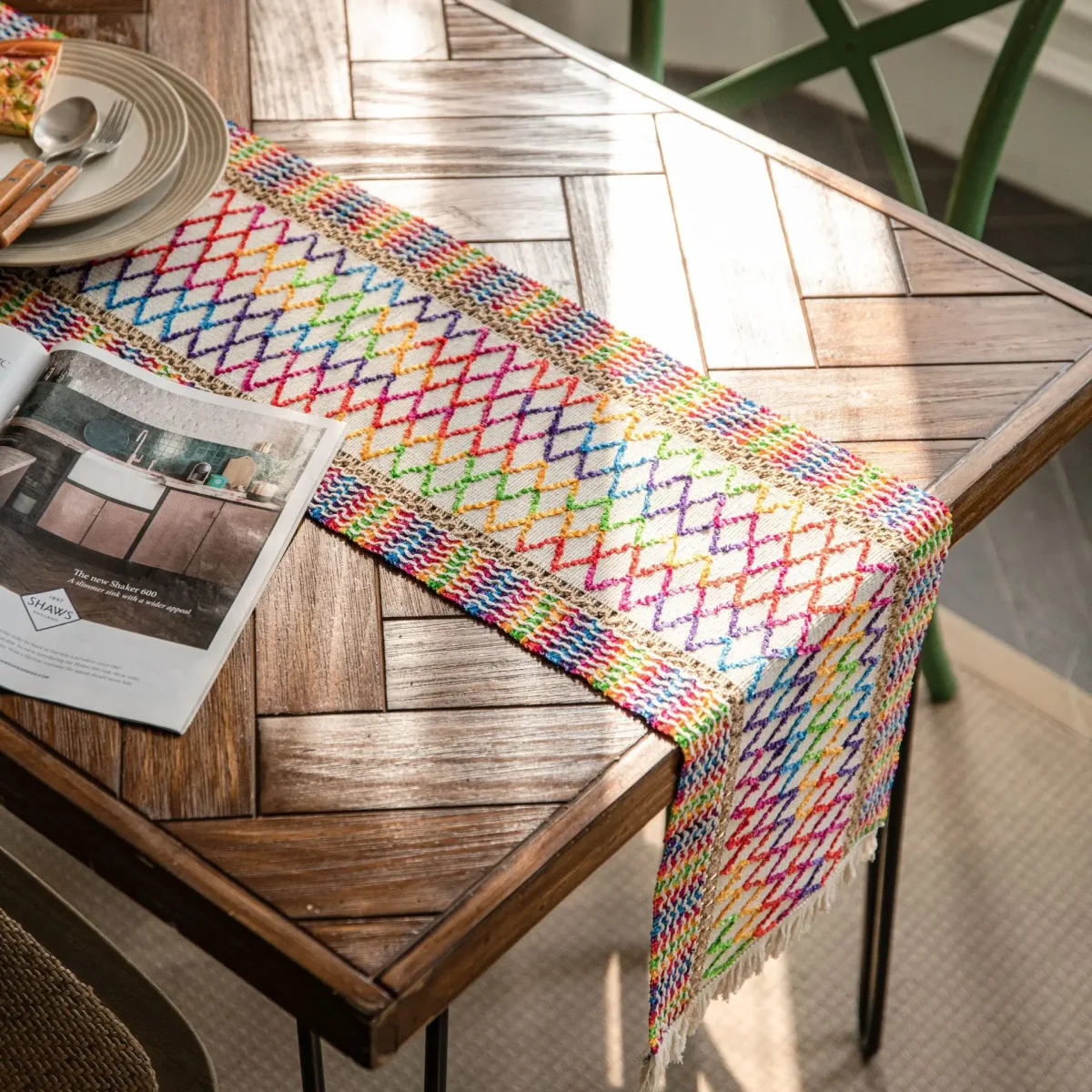 Chemin de table coton-lin tissé franges style artisanal élégant – Image 7