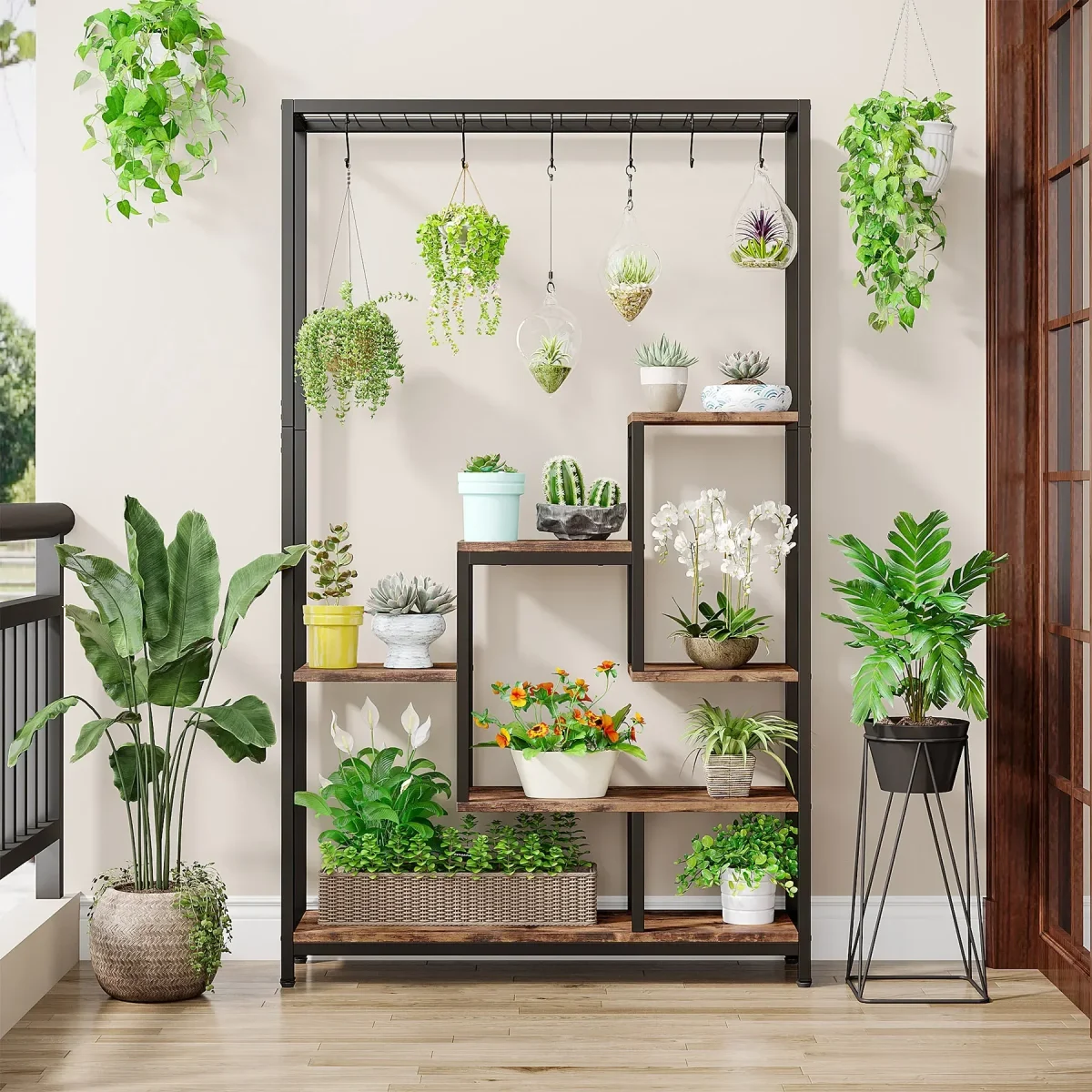 Support pour plantes d'intérieur 5 niveaux métal 180 cm avec crochets, étagère échelle multifonction – Image 4