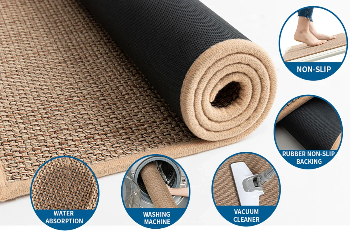 Tapis de cuisine antidérapant lavable en lin beige gris pour évier et sol – Image 3