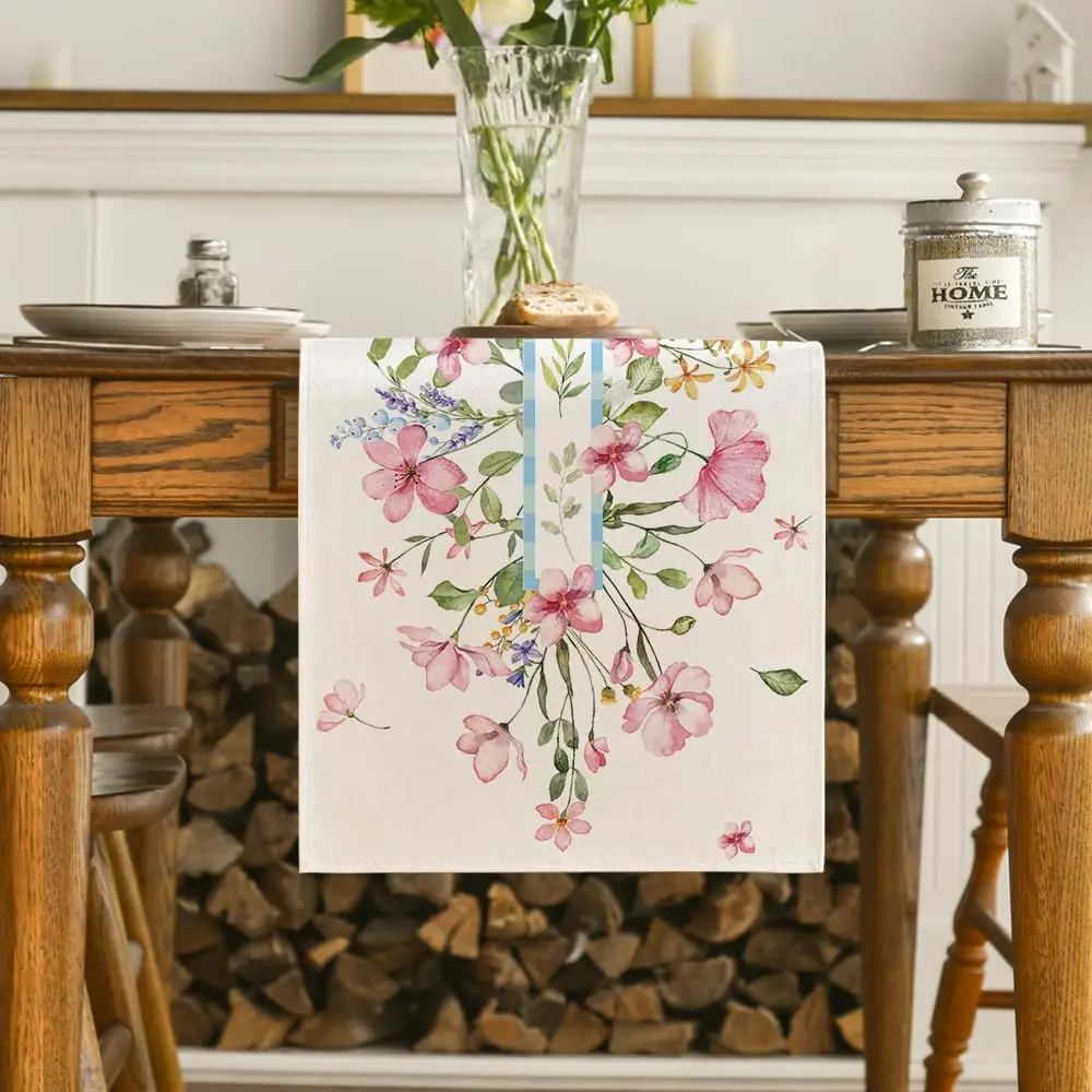 Chemin de table en lin imprimé fleurs aquarelle rose – Image 3