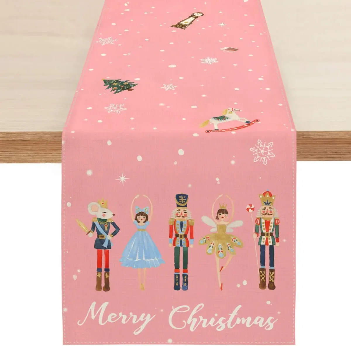 Chemin de table en lin Rose imprimé Noël, décoration élégante – Image 2