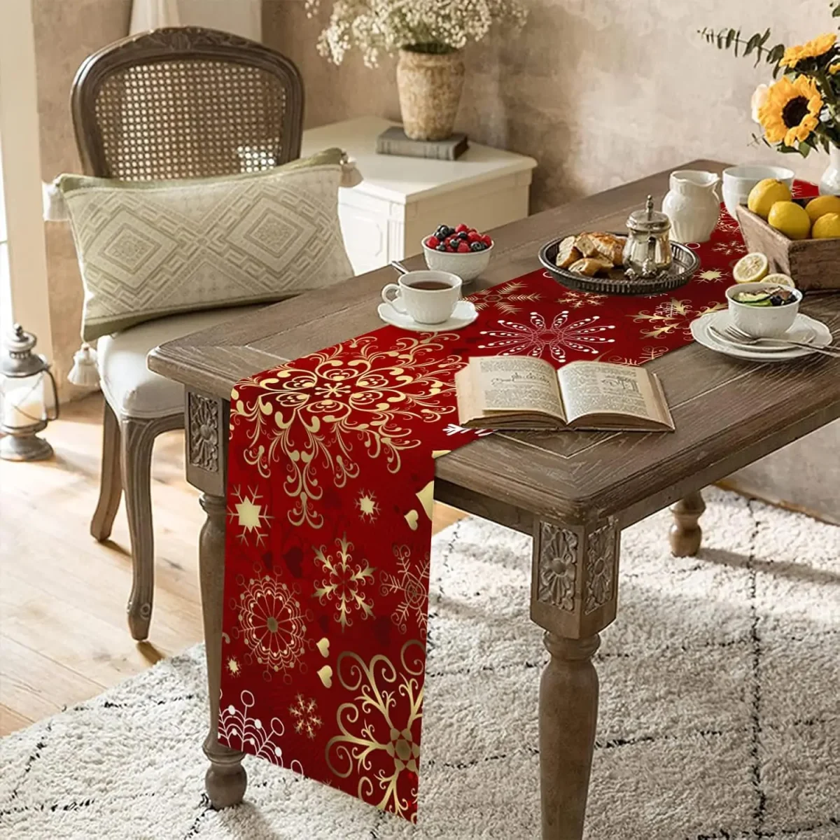 Chemin de table en lin flocons de Noël rouge doré – Image 7
