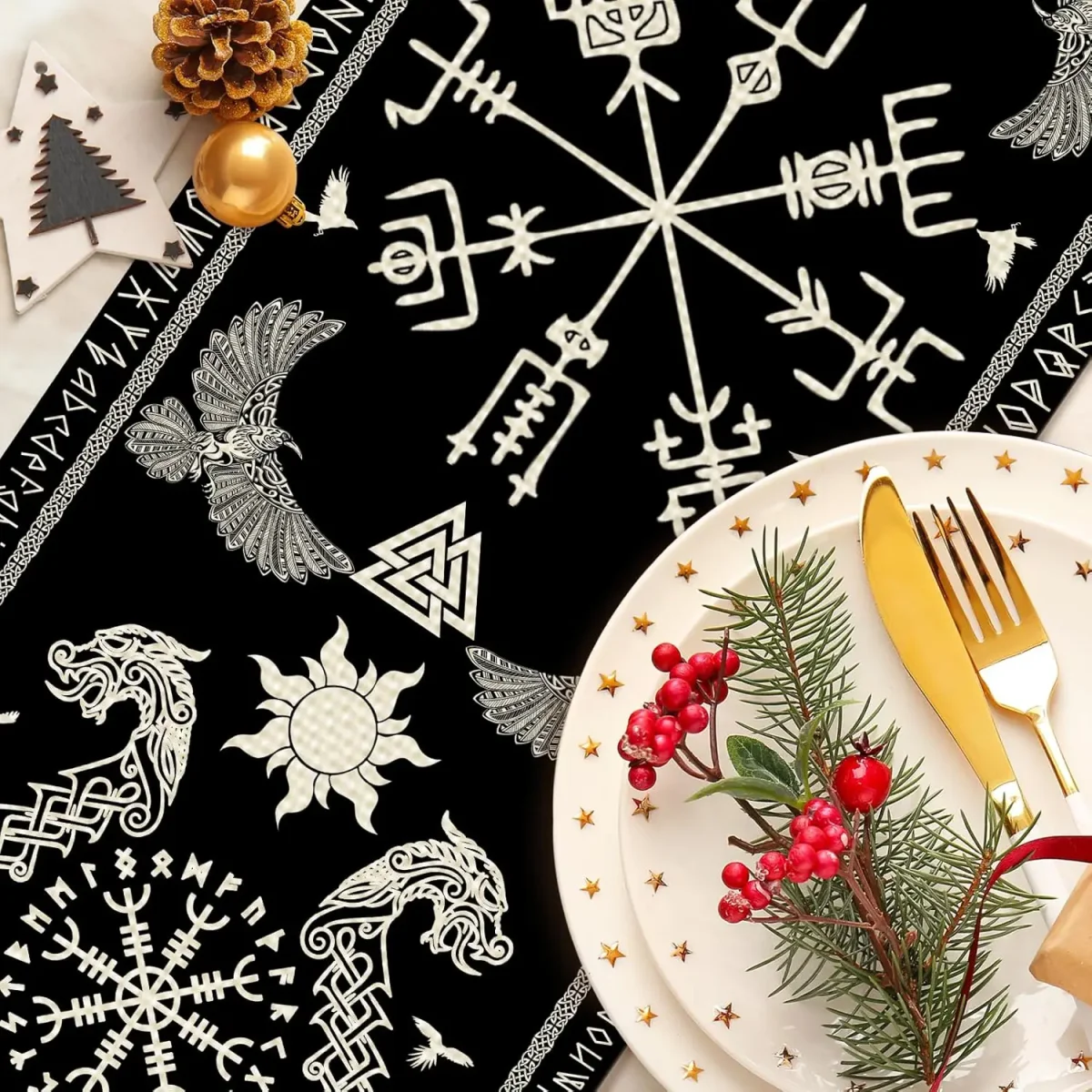 Chemin de table en lin imprimé viking sacré décoration intérieure – Image 5