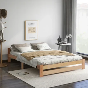 Lit futon en bois massif naturel avec tête de lit et sommier à lattes 140x200cm
