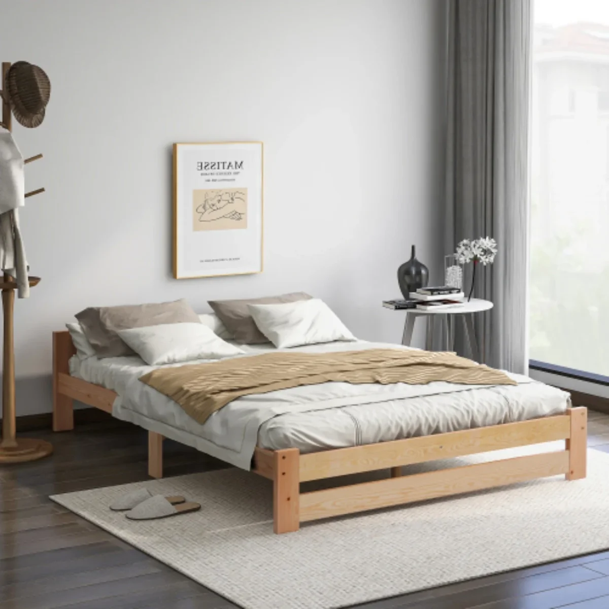 Lit futon en bois massif naturel avec tête de lit et sommier à lattes 140x200cm – Image 2
