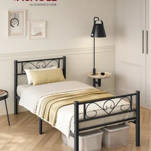 Cadre de lit 90x190 cm avec sommier métal, lit 1 personne noir ou blanc pour petits espaces