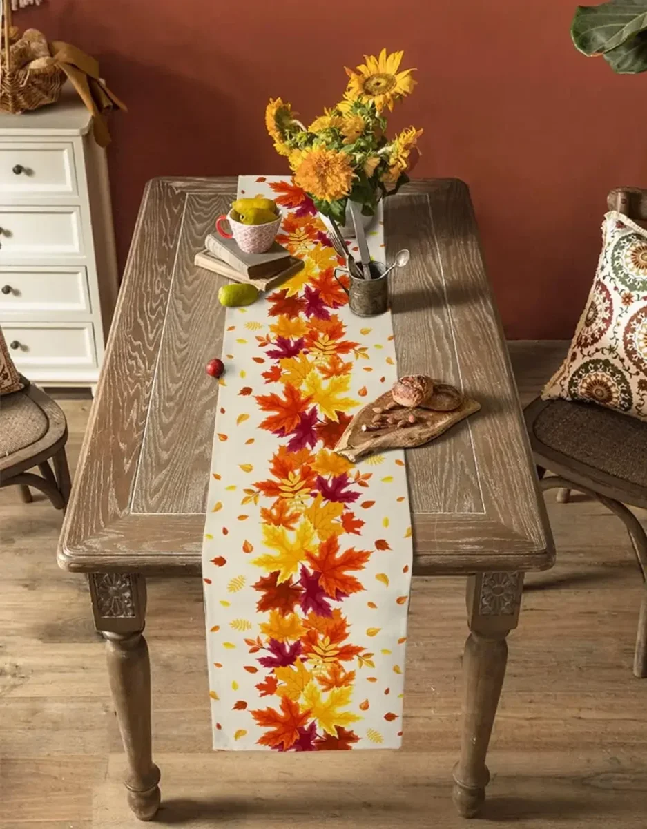 Chemin de table lin feuille d'érable automne lavable décor maison – Image 6