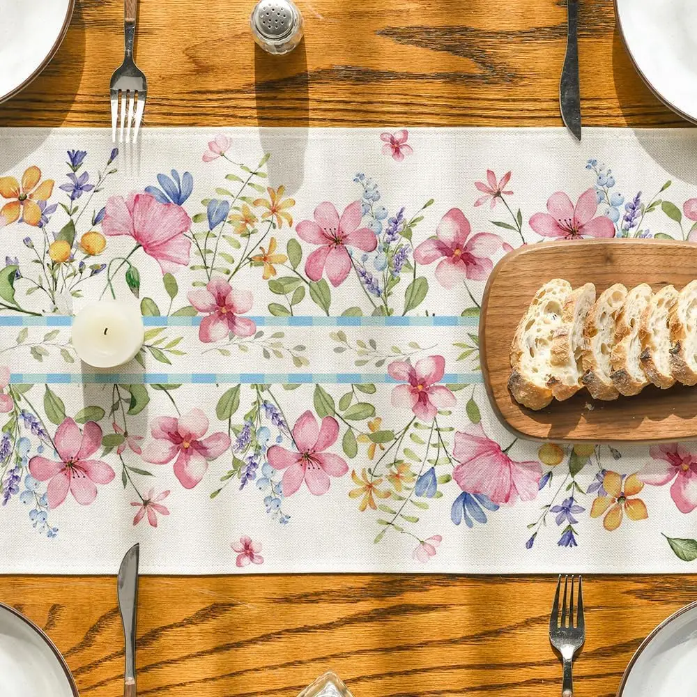 Chemin de table en lin imprimé fleurs aquarelle rose – Image 5