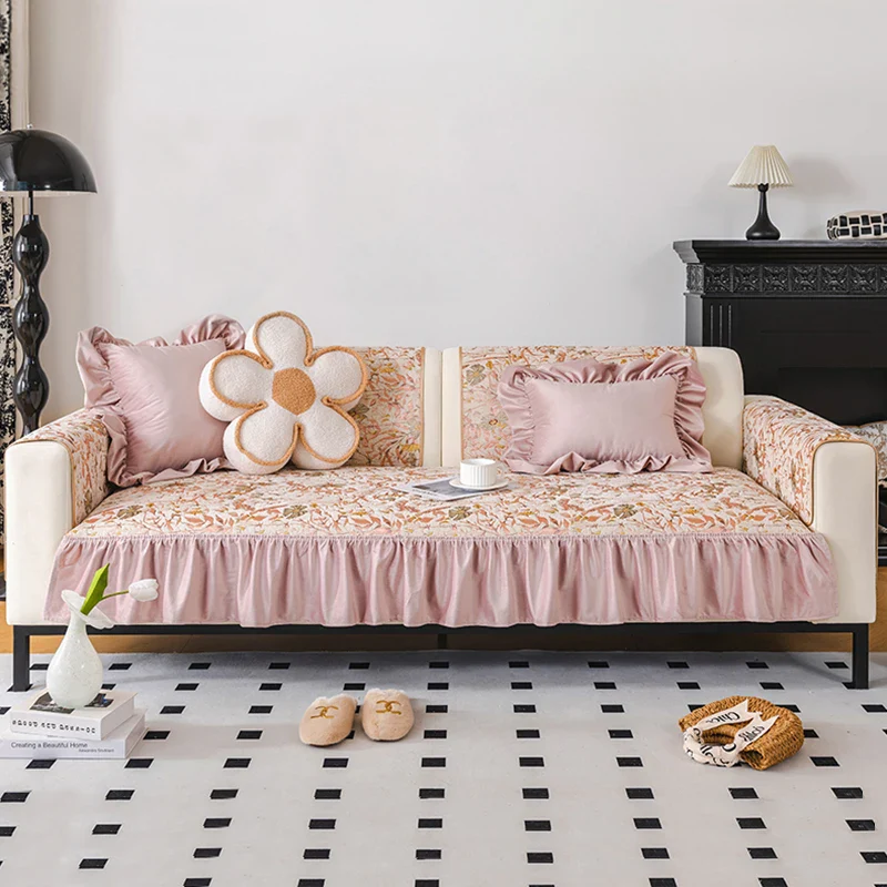 Housse de canapé jacquard chenille rose européen quatre saisons – Image 7