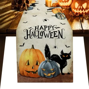 Chemin de table en lin Halloween imprimé durable et lavable