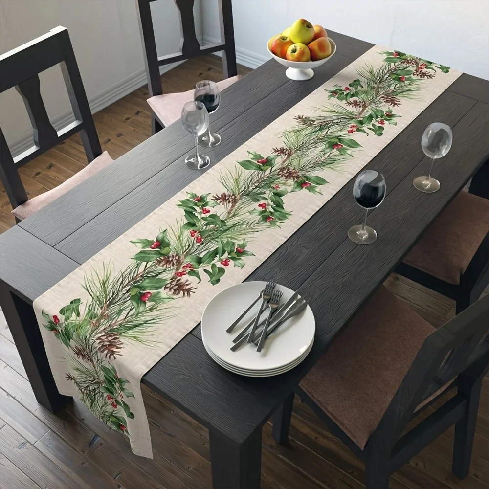 Chemin de table en lin imprimé sapin et couronne Noël – Image 2