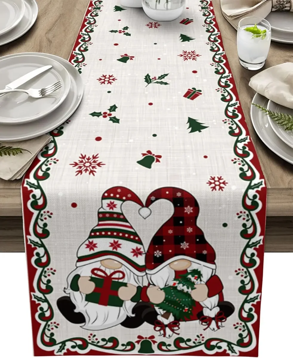 Chemin de table lin imprimé Noël gnome, lavable, décoration intérieure – Image 8