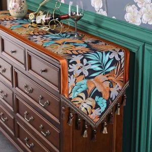 Chemin de table jacquard polyester brodé franges élégant pour décoration