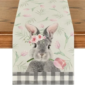 Chemin de table lin imprimé Lapin et Tulipes pour Pâques