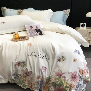 Parure de lit en coton égyptien brodée fleurs - Housse de couette 160x200 blanc luxe