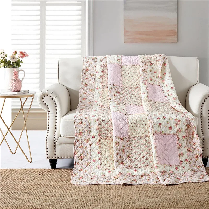 Couvre-lit patchwork réversible en coton floral rose - Jeté de lit Shabby Chic pour chambre – Image 3
