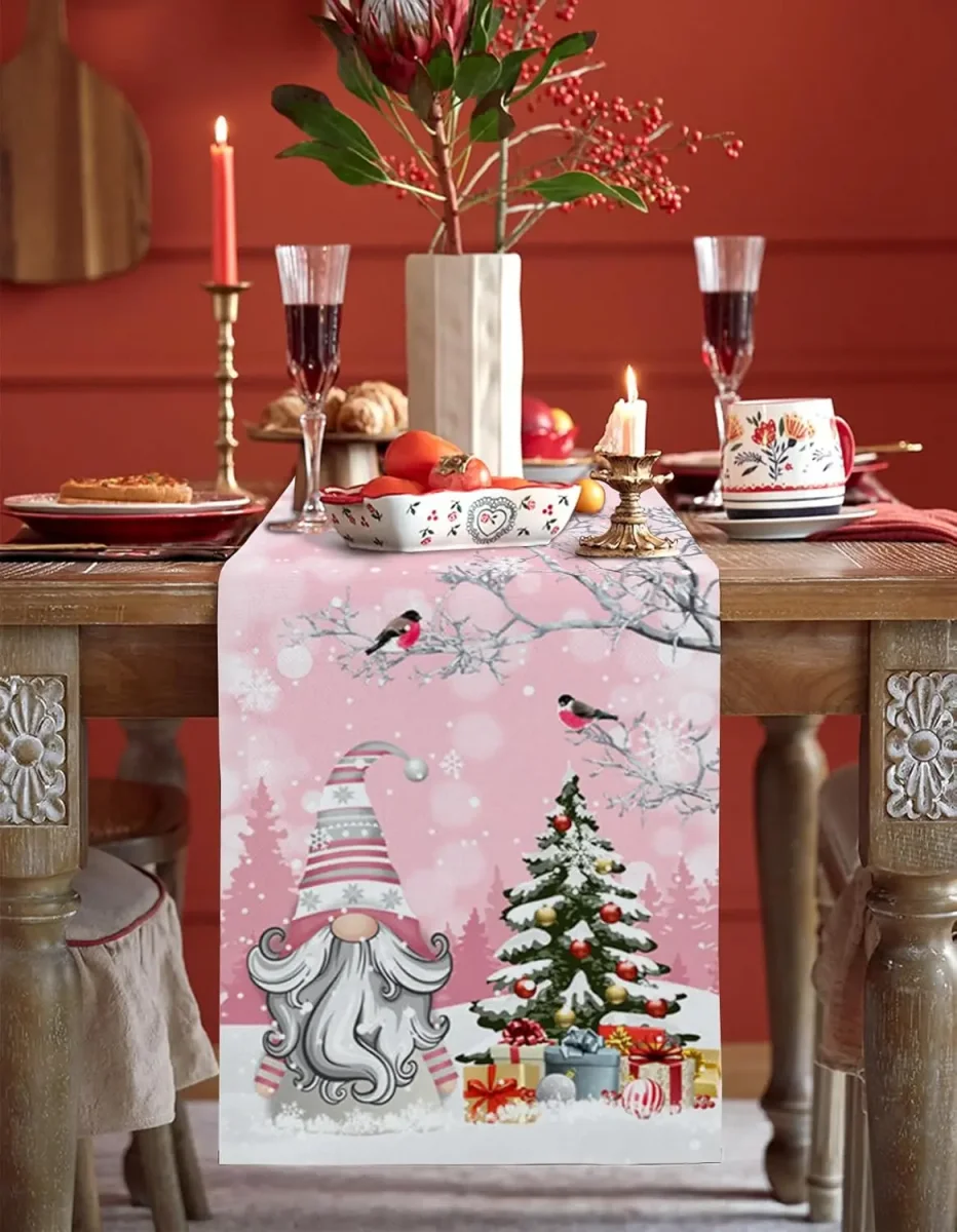 Chemin de table lin Noël gnomes imprimé réutilisable 150x33cm – Image 3