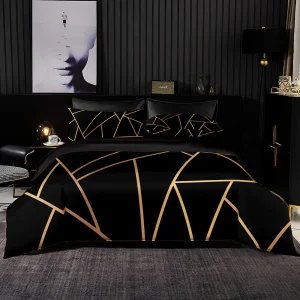 Parure de lit minimaliste 240x220 cm en polyester noir - Ensemble housse de couette et taies d'oreiller