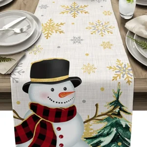 Chemin de table en lin imprimé flocon doré pour Noël