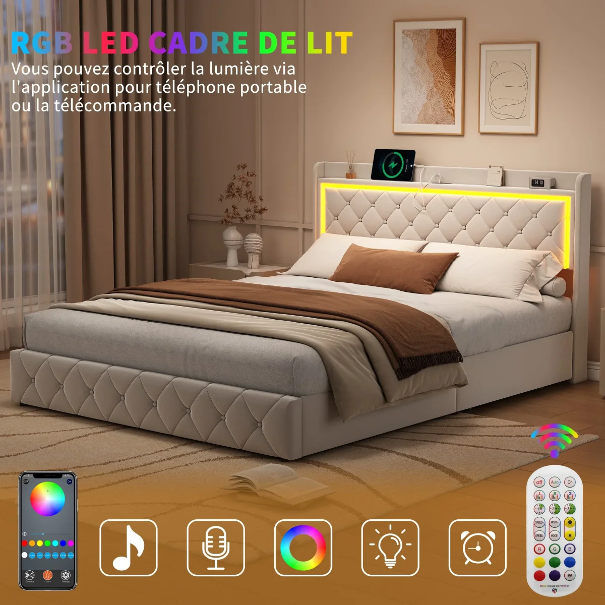 Lit double 140x190 avec tiroirs et tête de lit rembourrée velours beige, éclairage LED et ports USB – Image 6