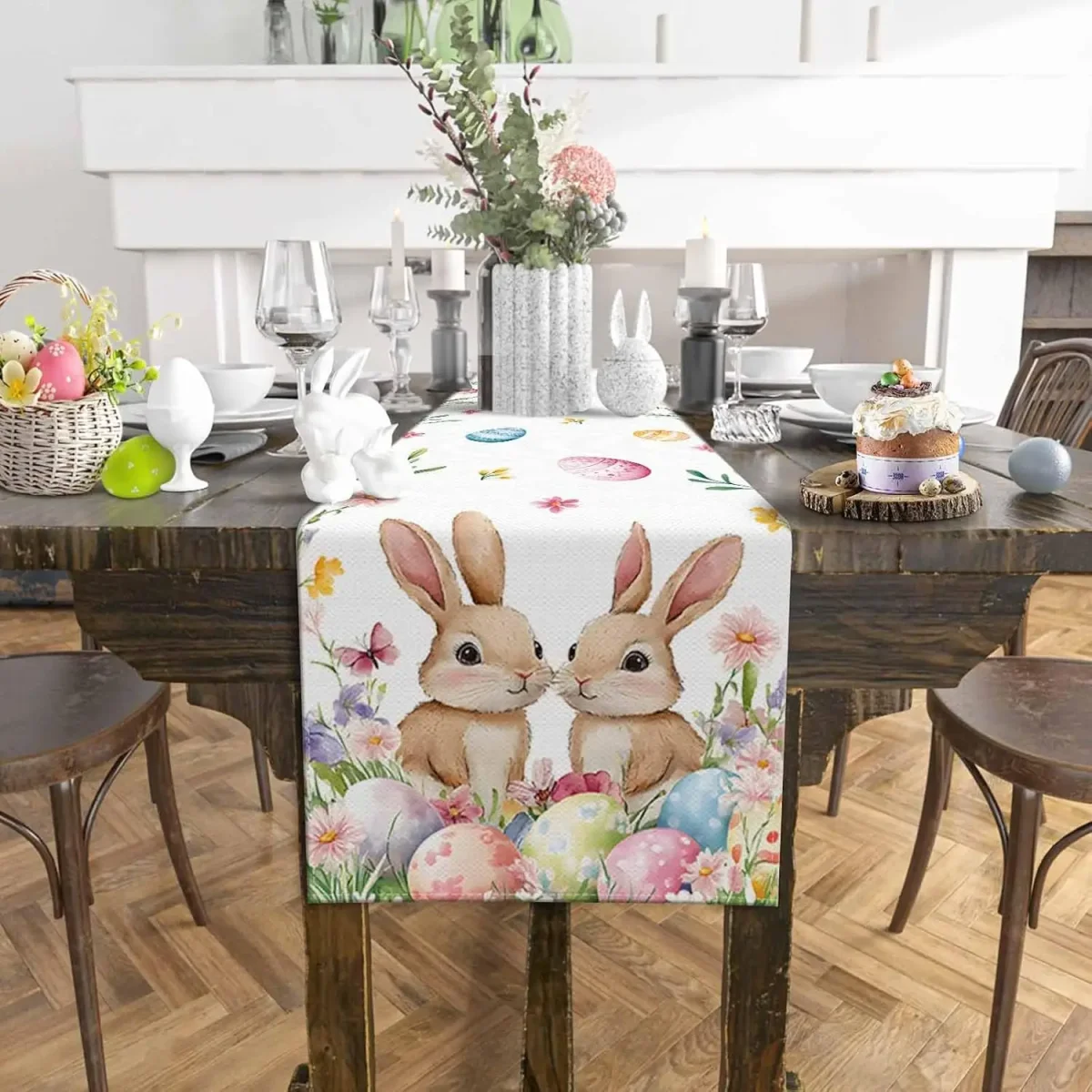Chemin de table lin imprimé Pâques œufs floraux rustique – Image 3