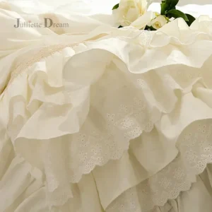Parure de lit beige dentelle à volants romantique 4 pièces coton 100% Queen