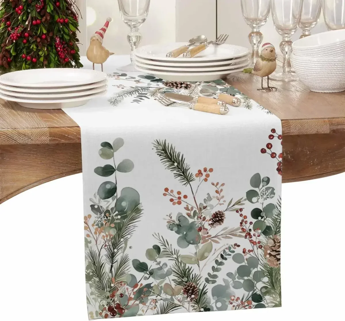 Chemin de table en lin imprimé pin cône eucalyptus Noël – Image 5