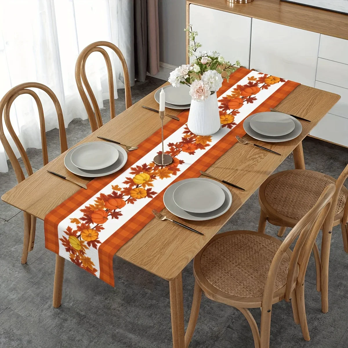 Chemin de table en lin imprimé citrouille feuille d'érable Noël – Image 5