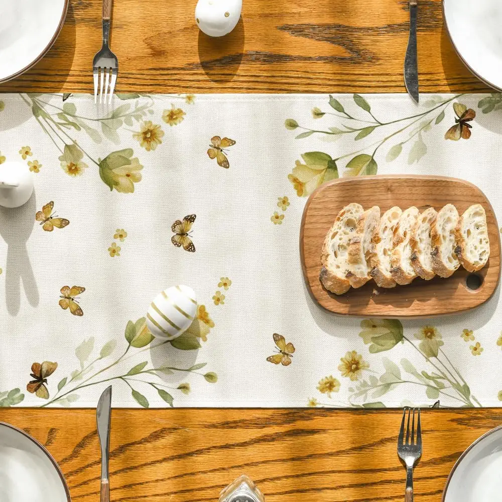Chemin de table lin imprimé Pâques papillon fleurs 150-200cm – Image 6
