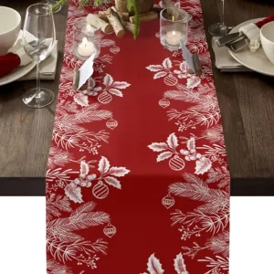 Chemin de table lin 100% qualité supérieure motif houx festif